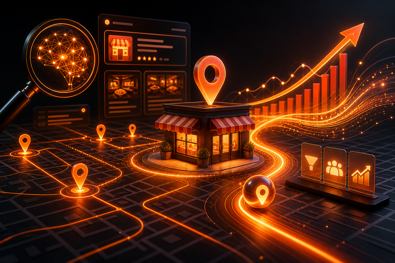 Local business connected to map discovery, search visibility and growth analytics