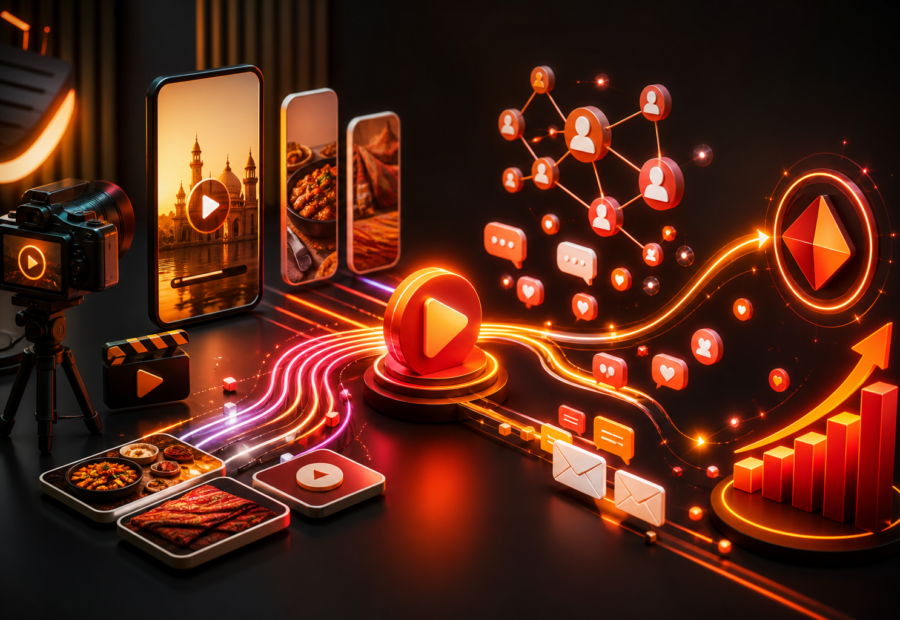 Short-form video content flowing through community engagement into business growth