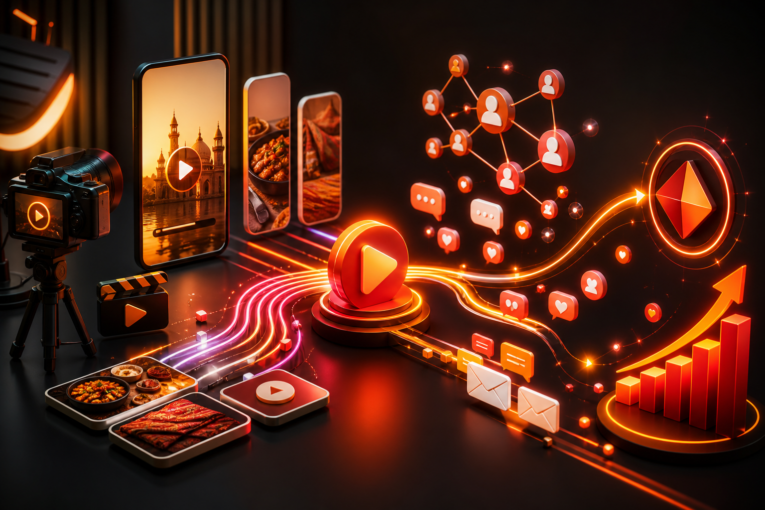 Short-form video content flowing through community engagement into business growth